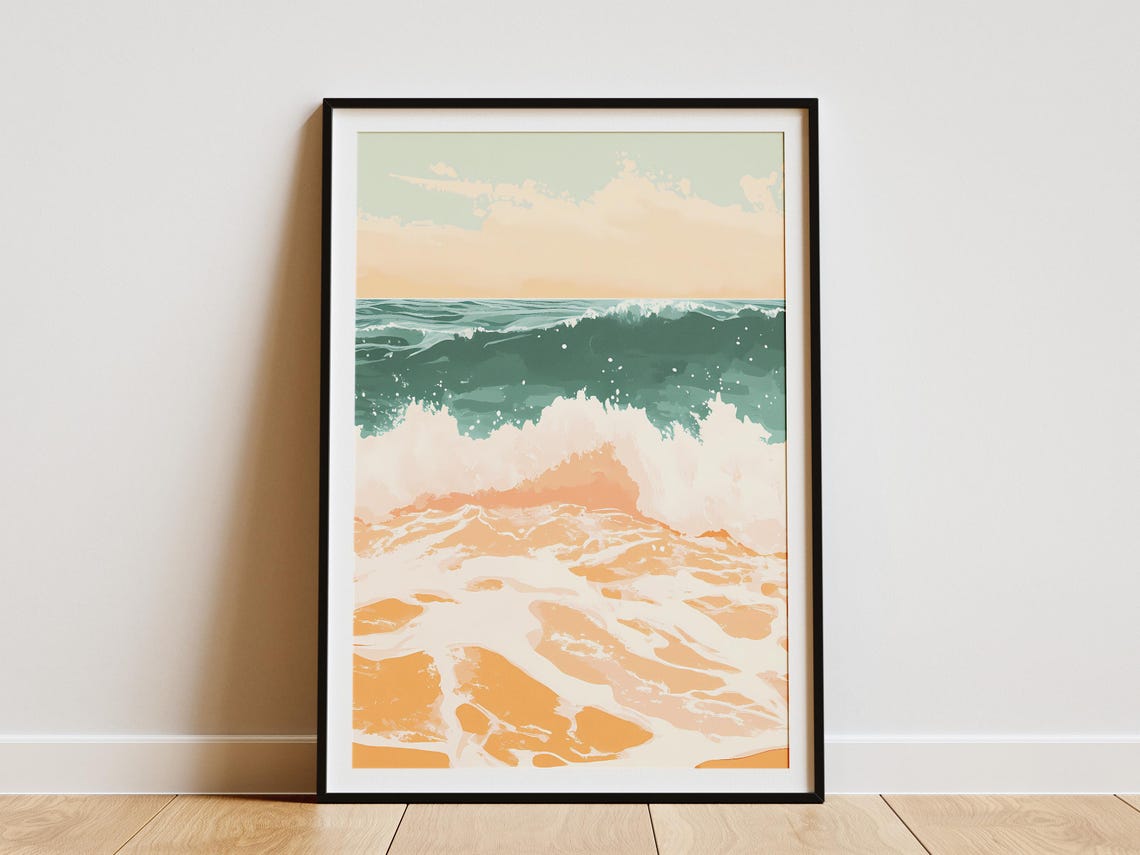 Abstract Teal Ocean Wave With Peach and Cream Seafoam Pattern Poster