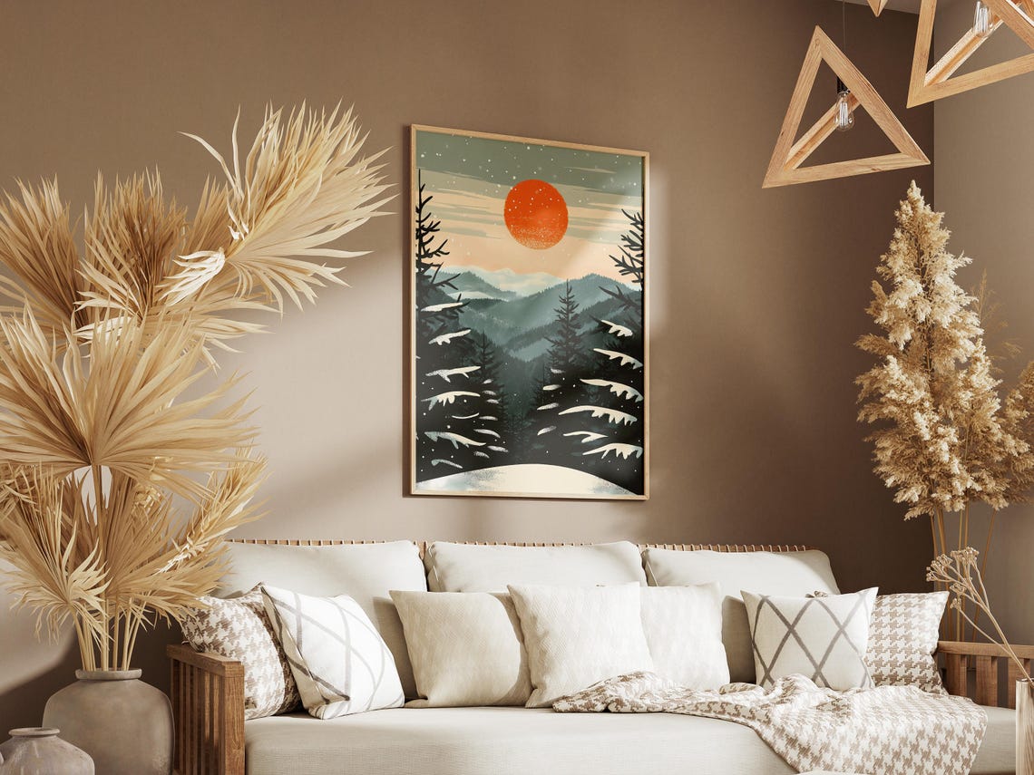 Smoky Mountains Winter Pines Under a Glowing Orange Moon Poster - Image 3