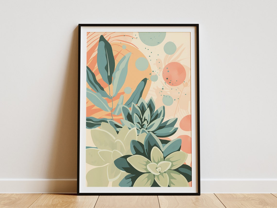 Colorful Succulent Plants with Retro Sunset Abstract Art Poster