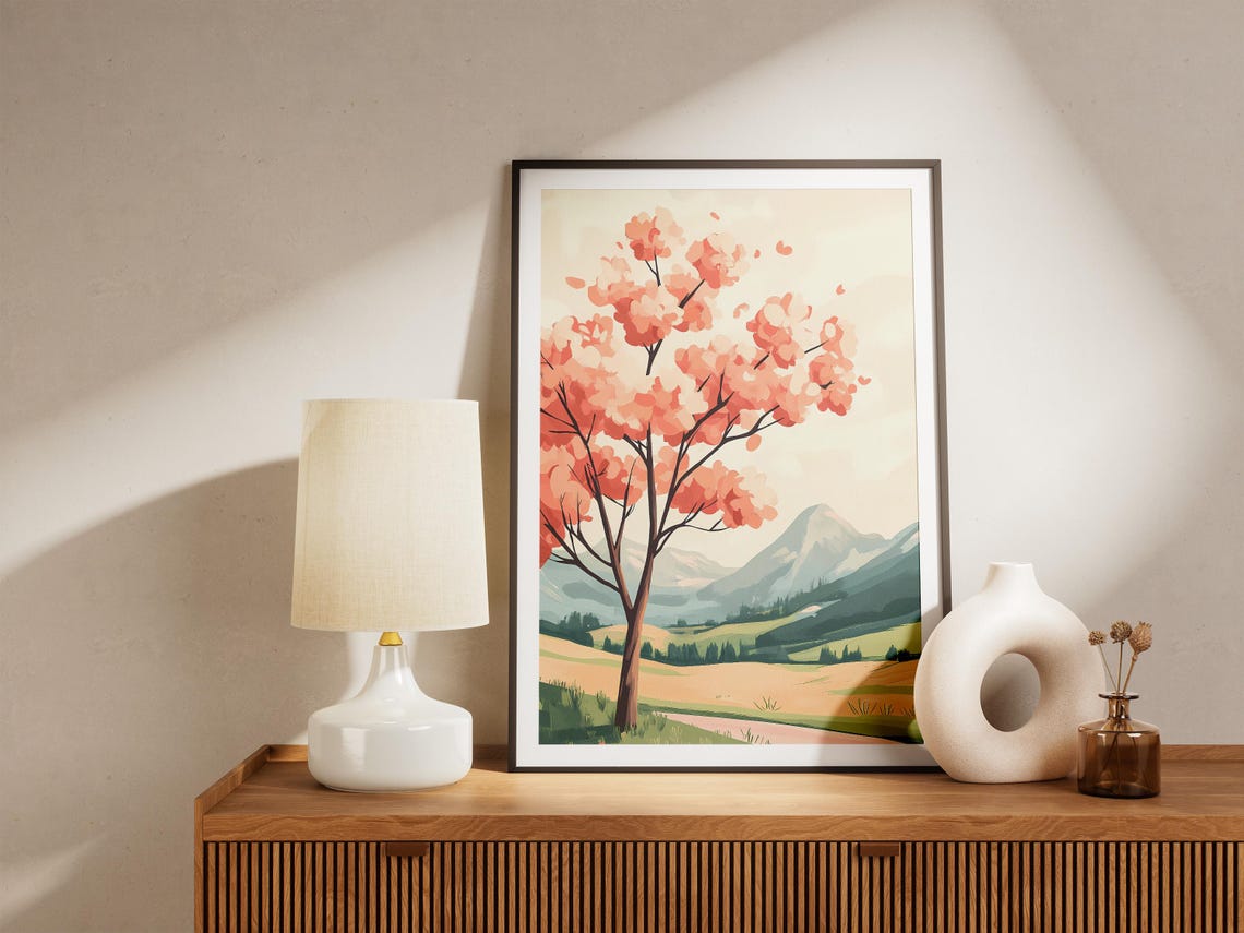 Coral Blossom Tree Standing in a Green Mountain Meadow Poster - Image 5