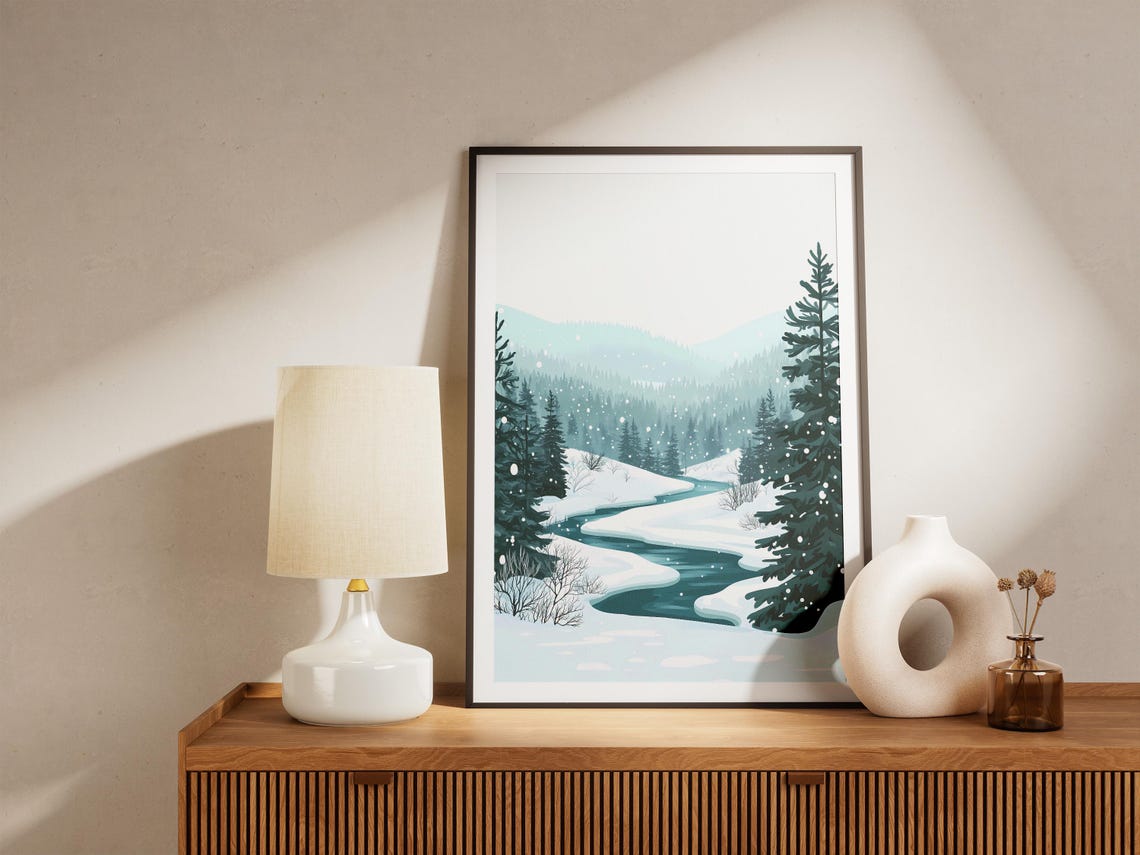 Snowy Teal Forest River Winter Landscape Falling Snow Poster - Image 5