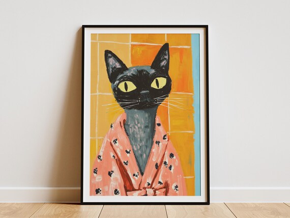 Black Cat With Yellow Eyes In Pink Robe Poster Funny Pet Bathroom Art