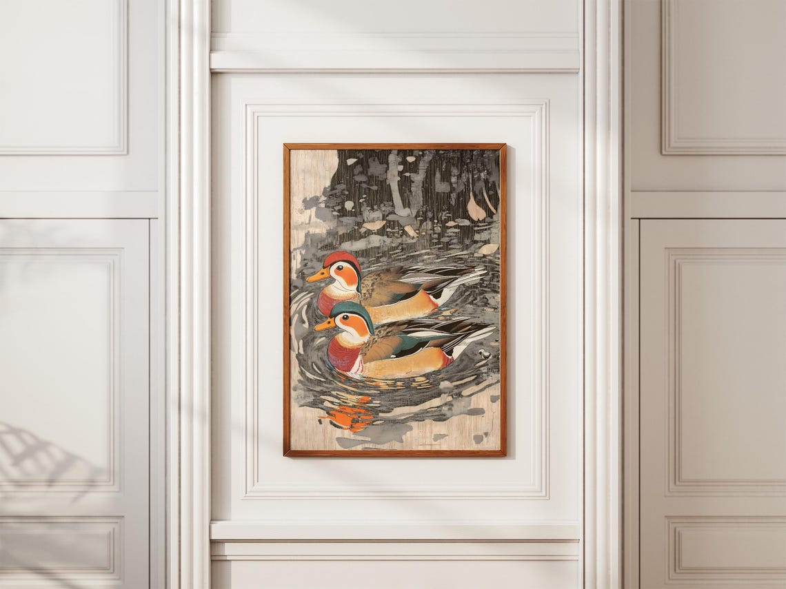 Mandarin Duck Couple Swimming Watercolor Bird Illustration Poster - Image 2