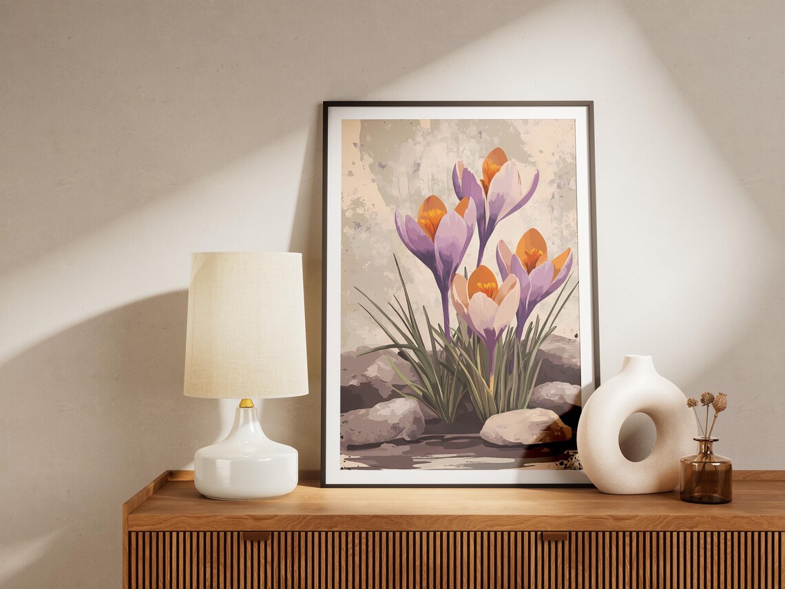 Purple and Orange Crocuses Blooming Among Garden Rocks Poster - Image 5