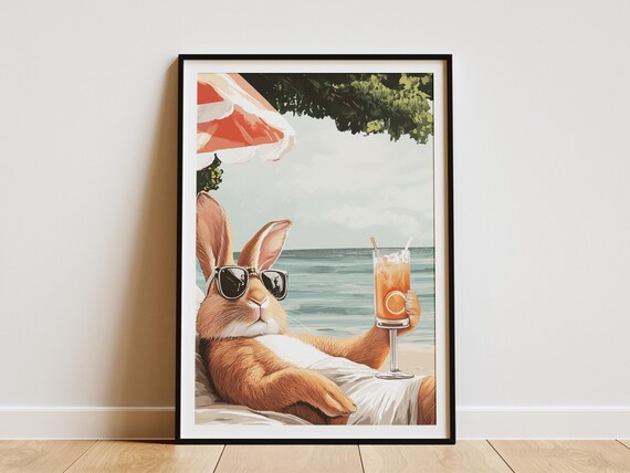 Rabbit In Sunglasses Sipping Cocktail Under Beach Umbrella Poster