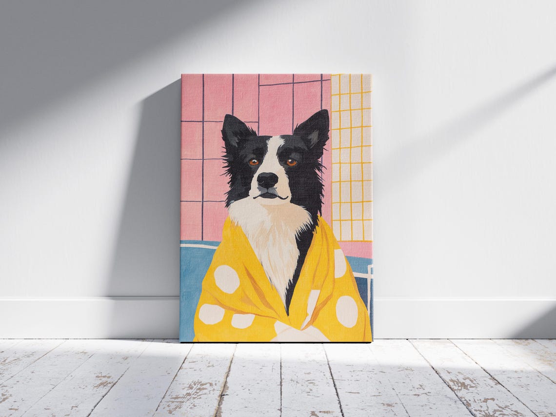 Border Collie in Yellow Polka Dot Bathrobe Funny Bathroom Dog Poster - Image 2