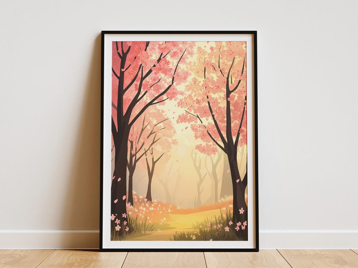 Cherry Blossom Forest Path in Golden Light With Petals Art Poster