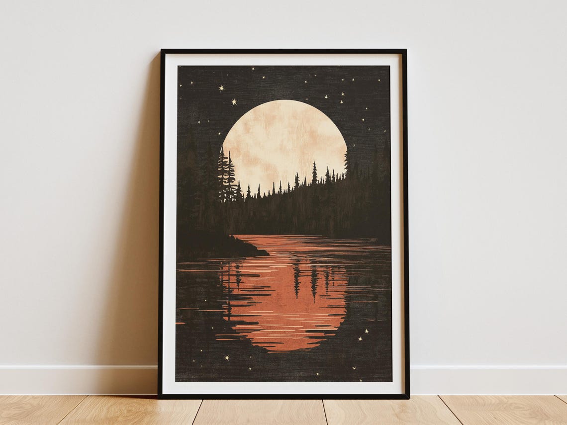 Giant Moonrise Over Pine Forest Lake Night Reflection Poster