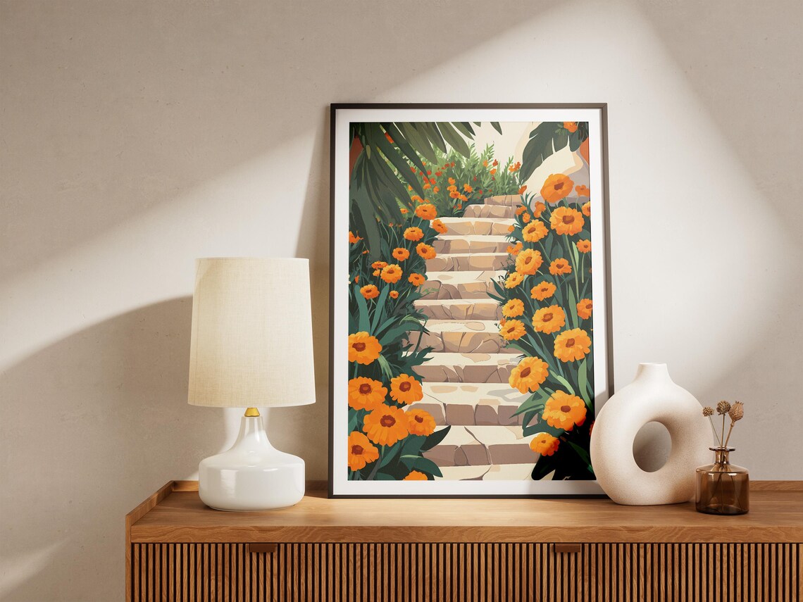 Orange Marigolds Crowding a Sunlit Stone Garden Staircase Poster - Image 5