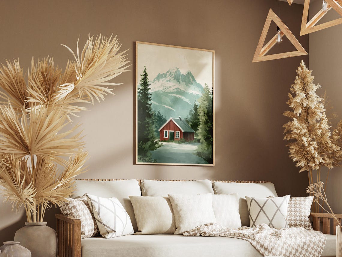 Norway Red Cabin Snowy Mountain Lake Scandinavian Travel Poster - Image 3