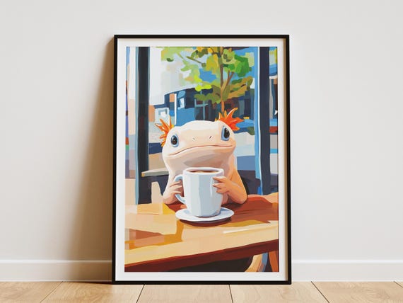 Cozy Axolotl Cafe Art Print Cute Amphibian Poster Coffee Lover Gift Wall Unique Animal Illustration Home Decor Scene