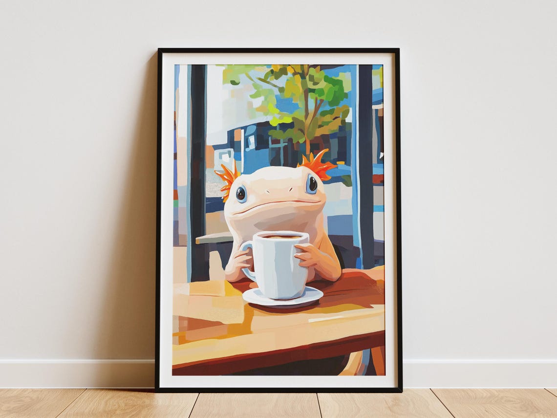 Adorable Axolotl Holding a Coffee Mug at a Cozy Cafe Table Poster