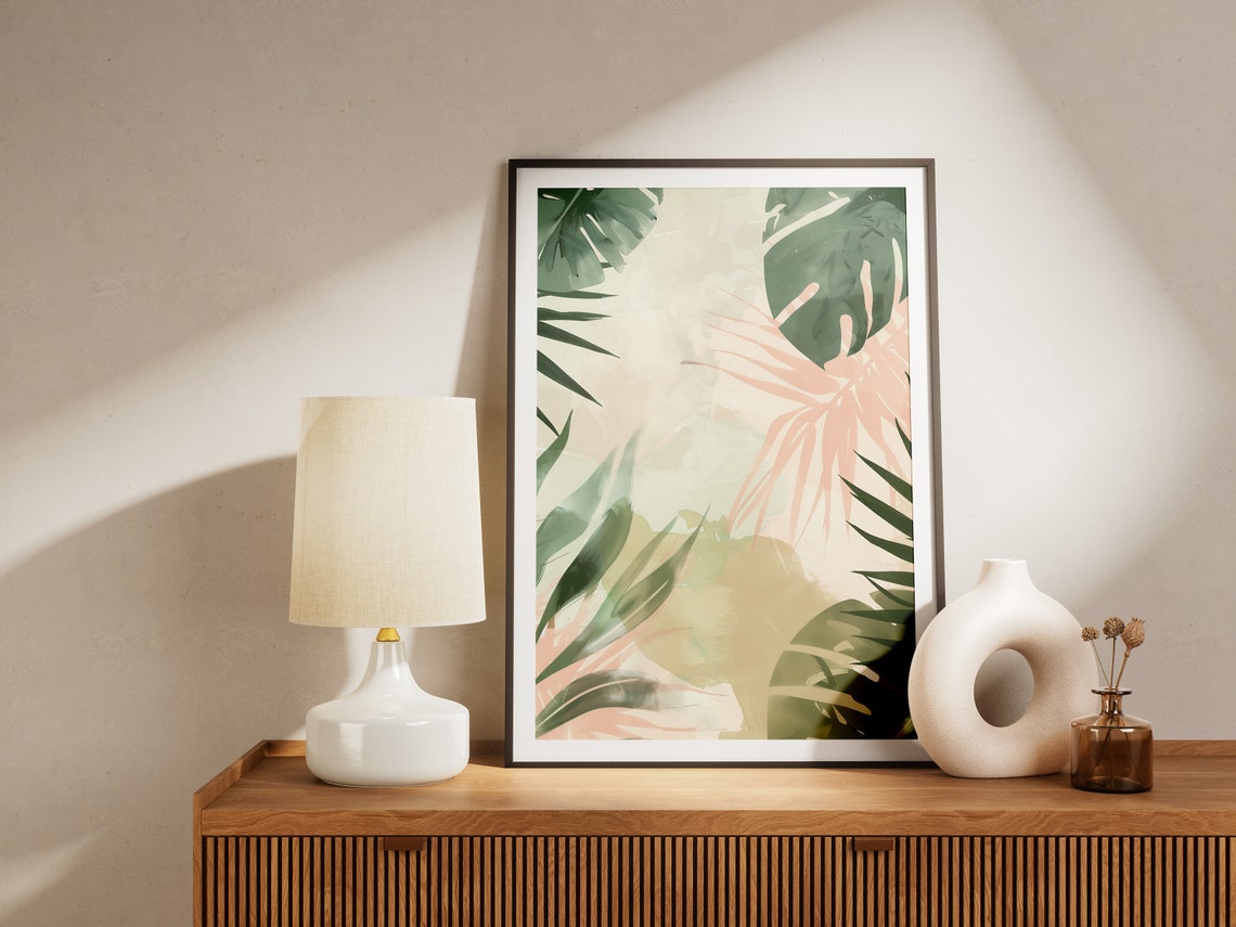 Lush Tropical Monstera and Palm Leaves Blush Botanical Print - Image 2