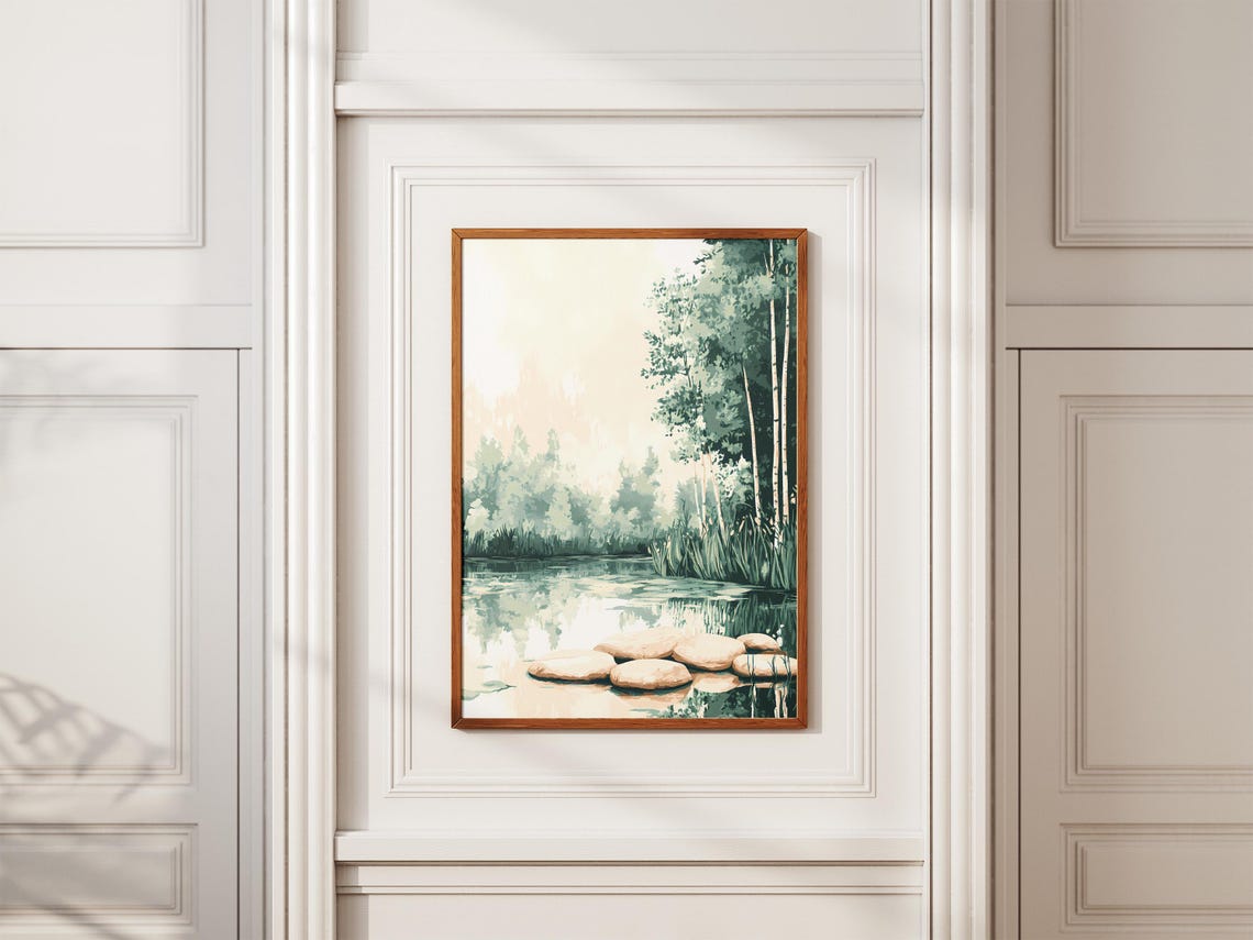 Misty Morning Pond With Stepping Stones And Birch Trees Poster - Image 2