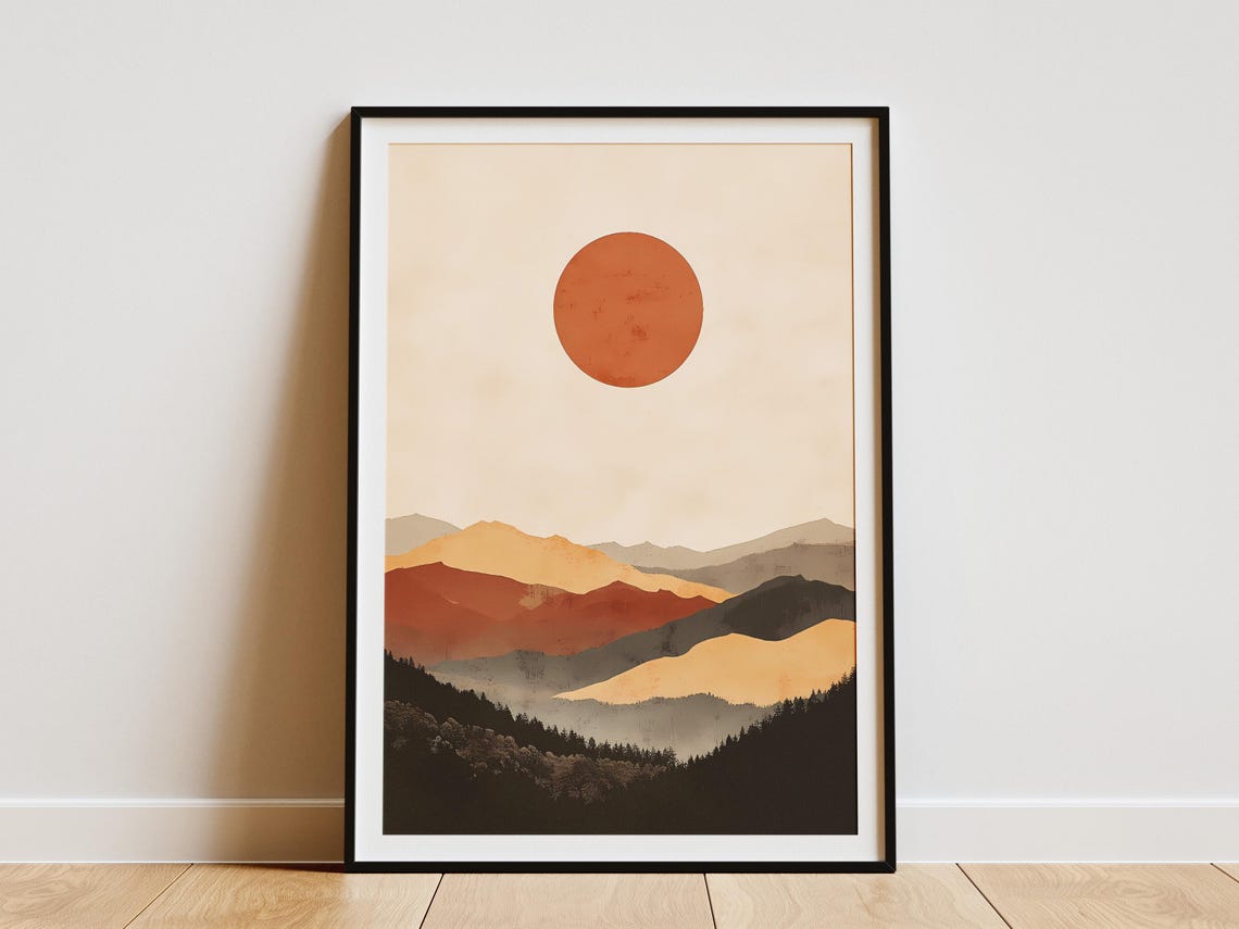Abstract Terracotta Mountain Layers Under A Red Sun Wall Art