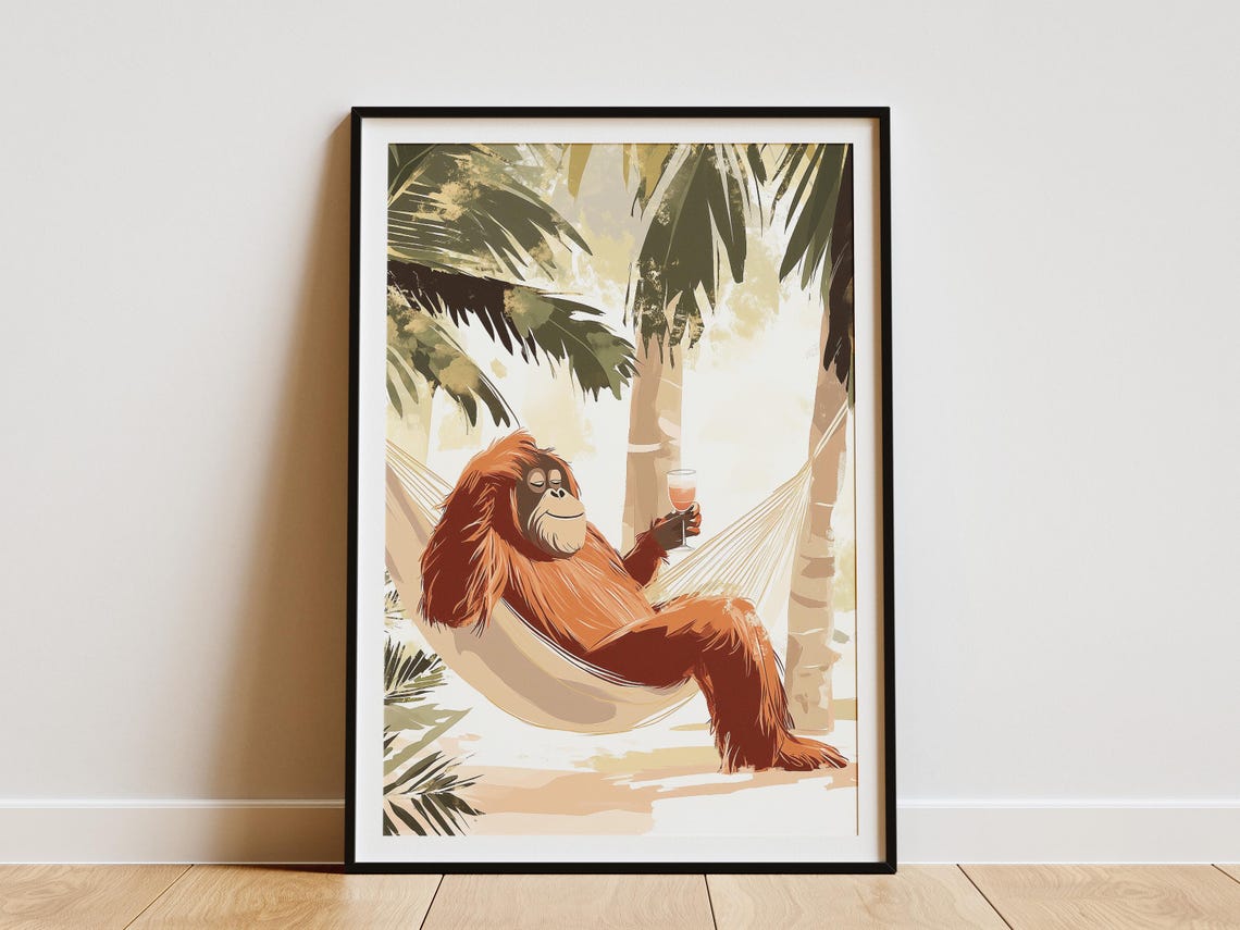 Orangutan Lounging In Hammock With Cocktail Under Palm Trees Poster