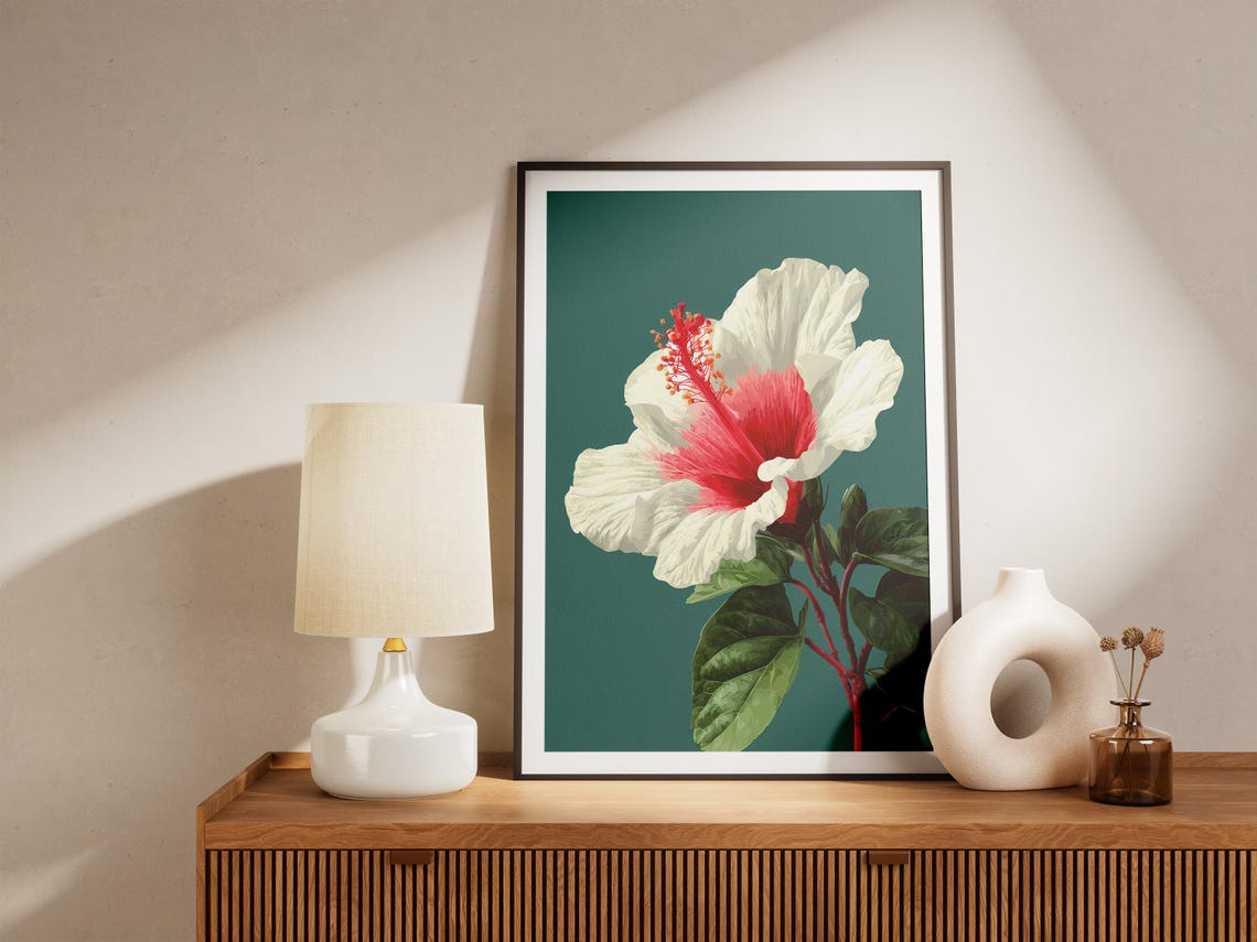 White Hibiscus Flower Botanical Illustration Dark Teal Floral Poster - Image 4