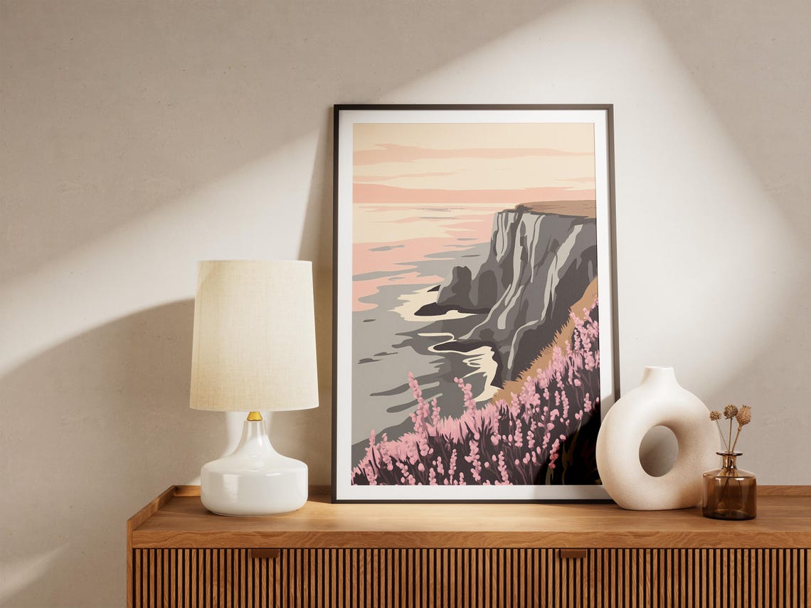 Coastal Cliff Heather Ocean Sunset Landscape Illustration Poster - Image 5