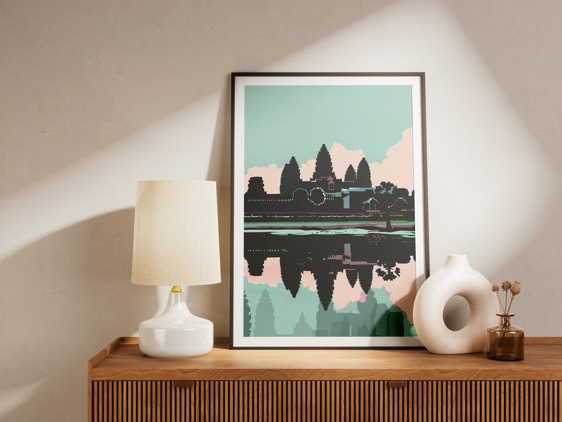 Angkor Wat Temple Water Reflection Teal Cambodia Travel Art Poster - Image 5