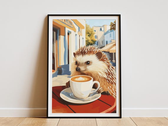 Hedgehog Coffee Poster Cafe Art Print Whimsical Animal Wall Decor Latte Cozy Kitchen Lover Gift Cute Illustration