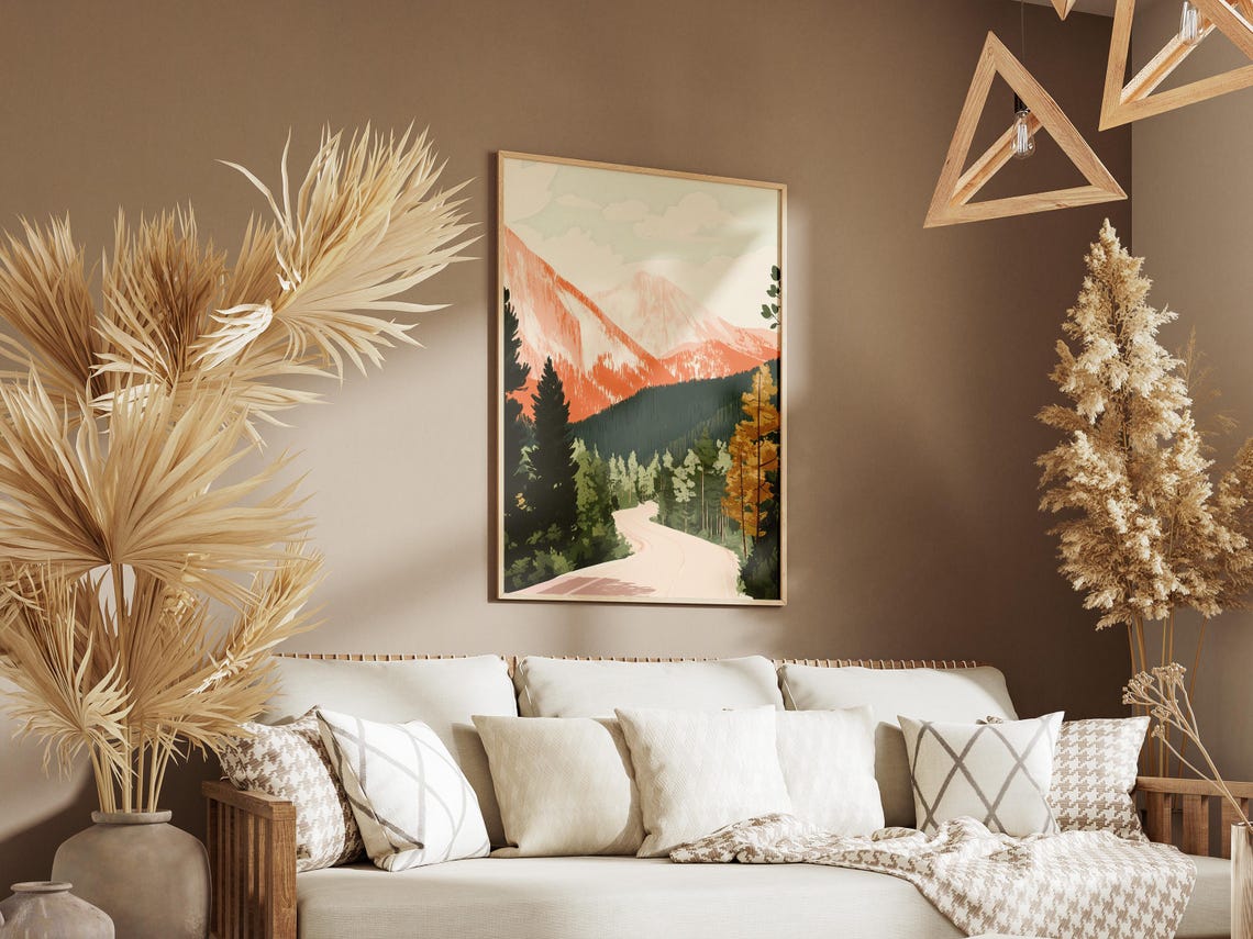 Winding Road Through Green Pine Forest To Pink Mountains Poster - Image 3