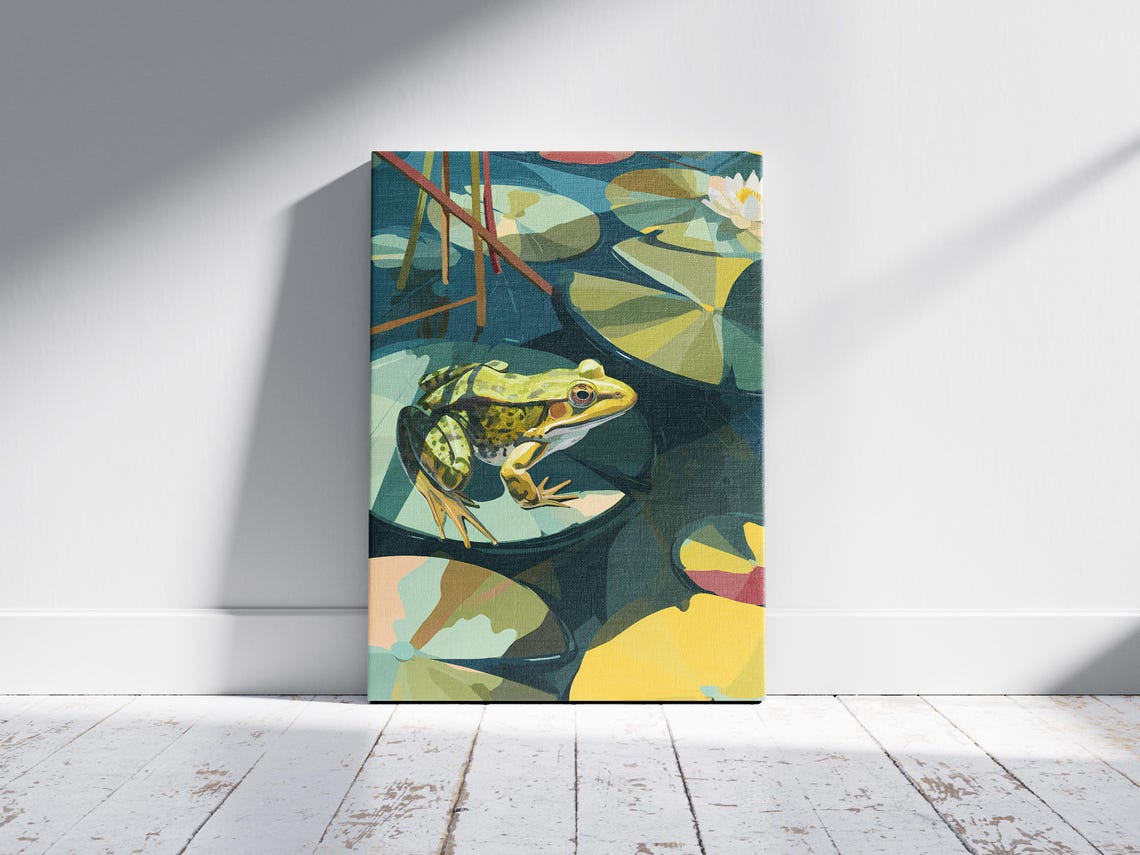 Green Frog Sitting On Lily Pad Pond Botanical Illustration Poster - Image 2