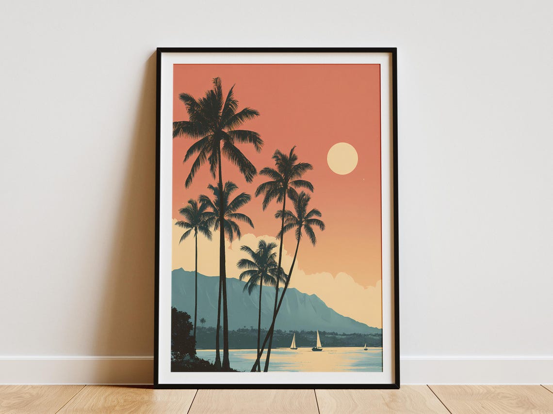 Retro Hawaiian Travel Poster Silhouette Palms Sunset Ocean View