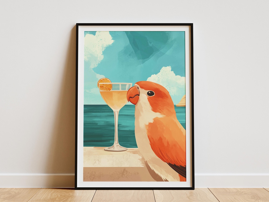 Cute Orange Parrot Sipping Cocktail By The Turquoise Sea Poster