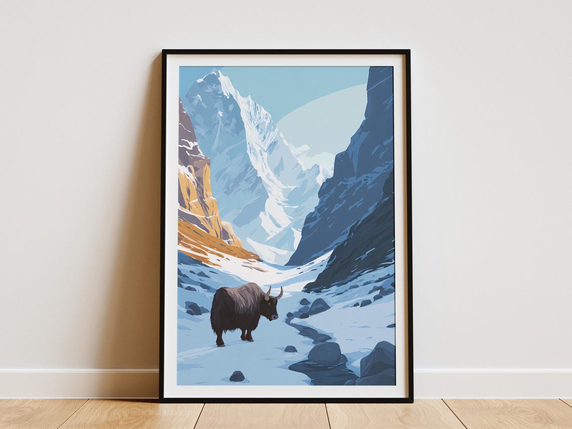 Yak Standing in Snowy Mountain Valley Winter Wildlife Art Poster