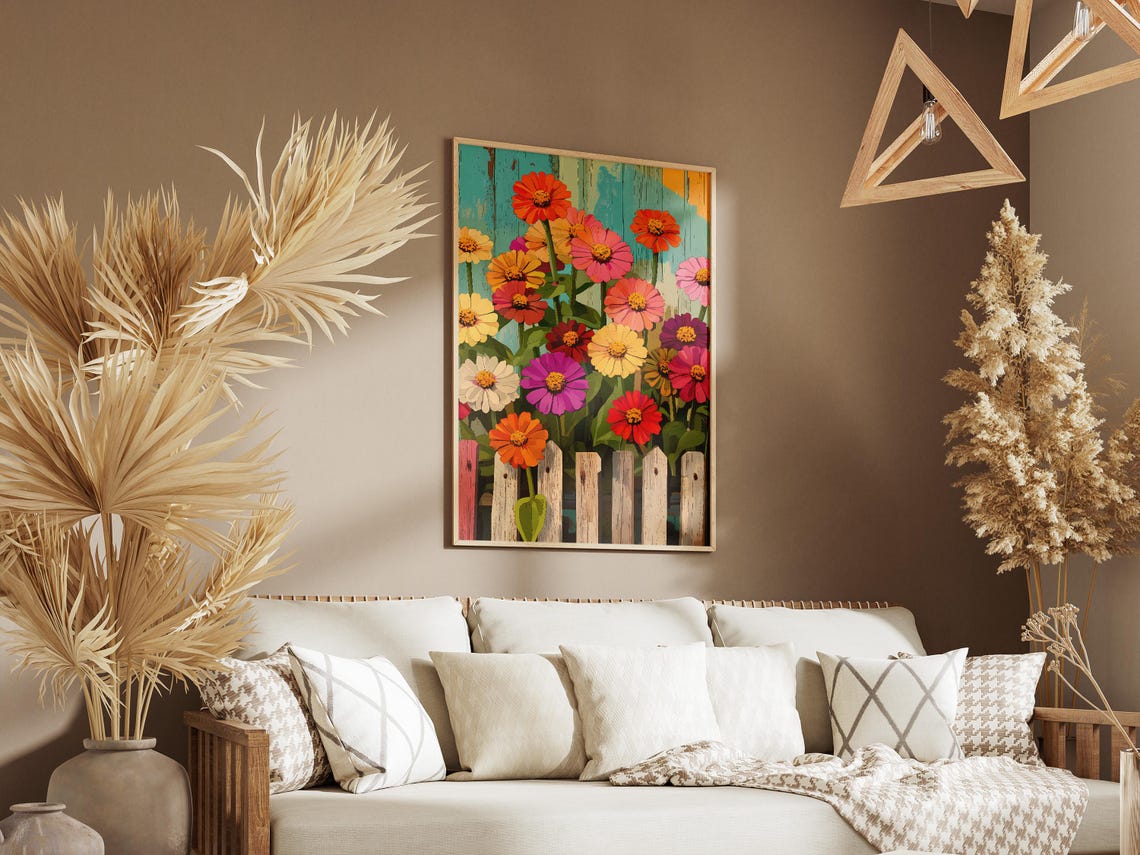 Rainbow Zinnias Over Rustic Picket Fence Cheerful Cottage Poster - Image 3