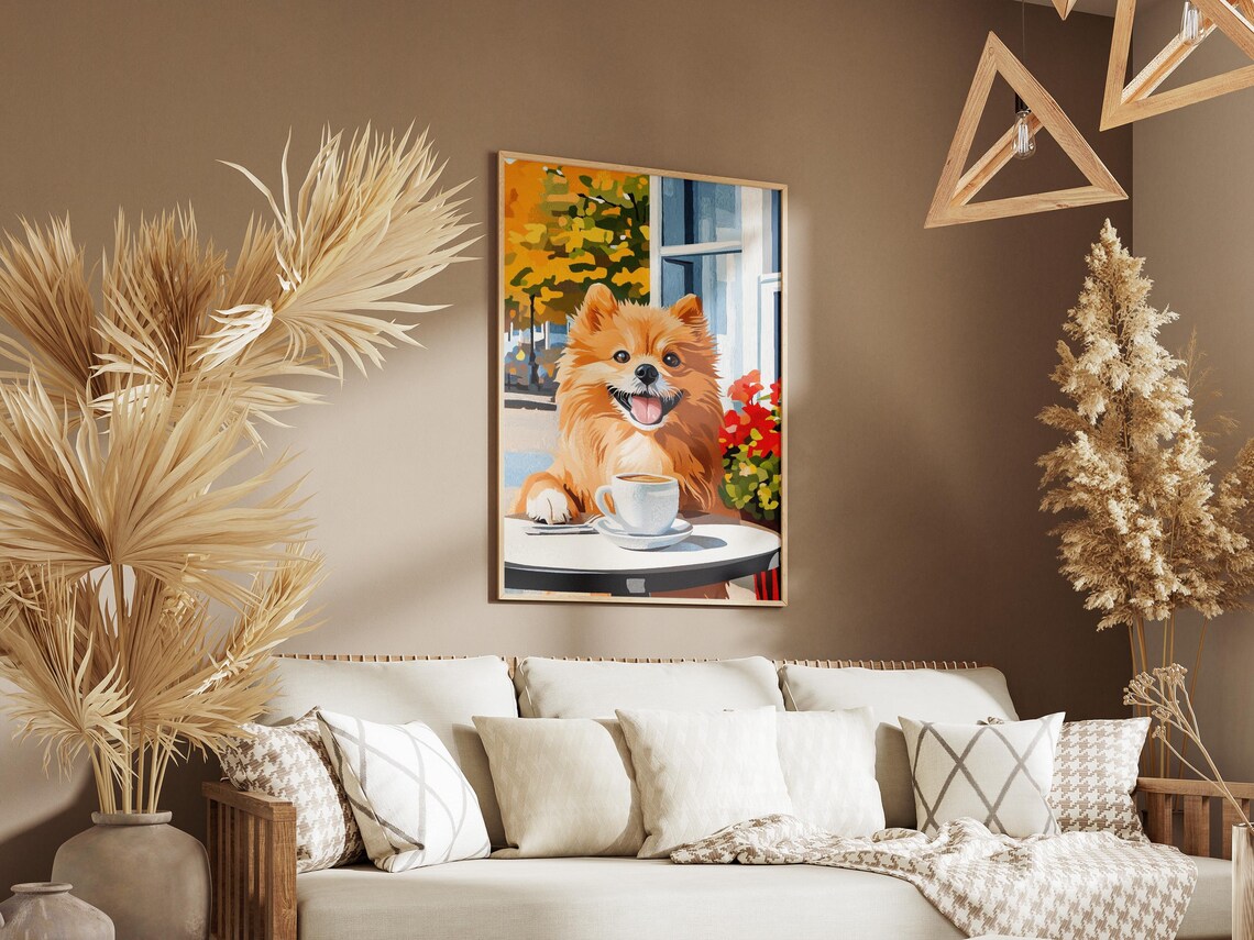 Smiling Pomeranian Dog With Hot Coffee At An Autumn Cafe Poster - Image 3