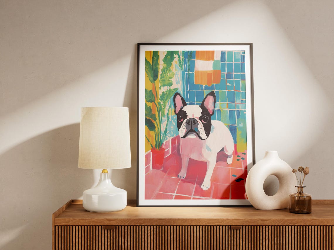 French Bulldog Pink Tiled Bathroom Colorful Modern Cute Dog Art Poster - Image 4