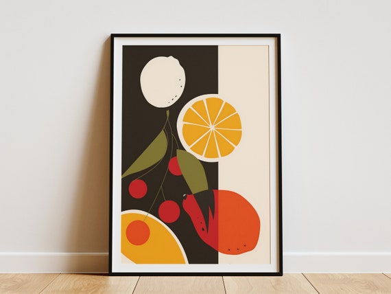 Minimalist Fruit Poster Abstract Art Print Mid Century Modern Wall Decor Kitchen Decor Orange Lemon Cherry Art