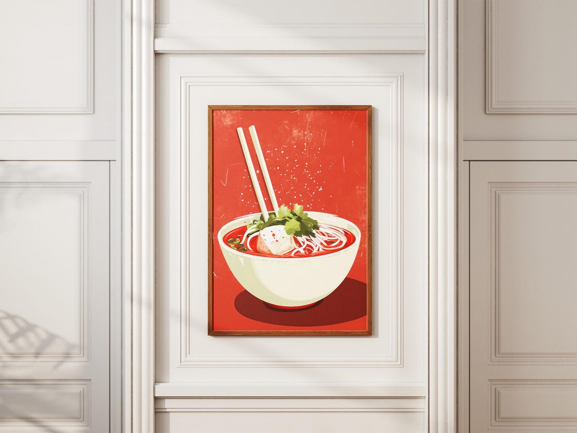 Pho Noodle Bowl On Bold Red Background Vintage Food Art Poster - Image 2