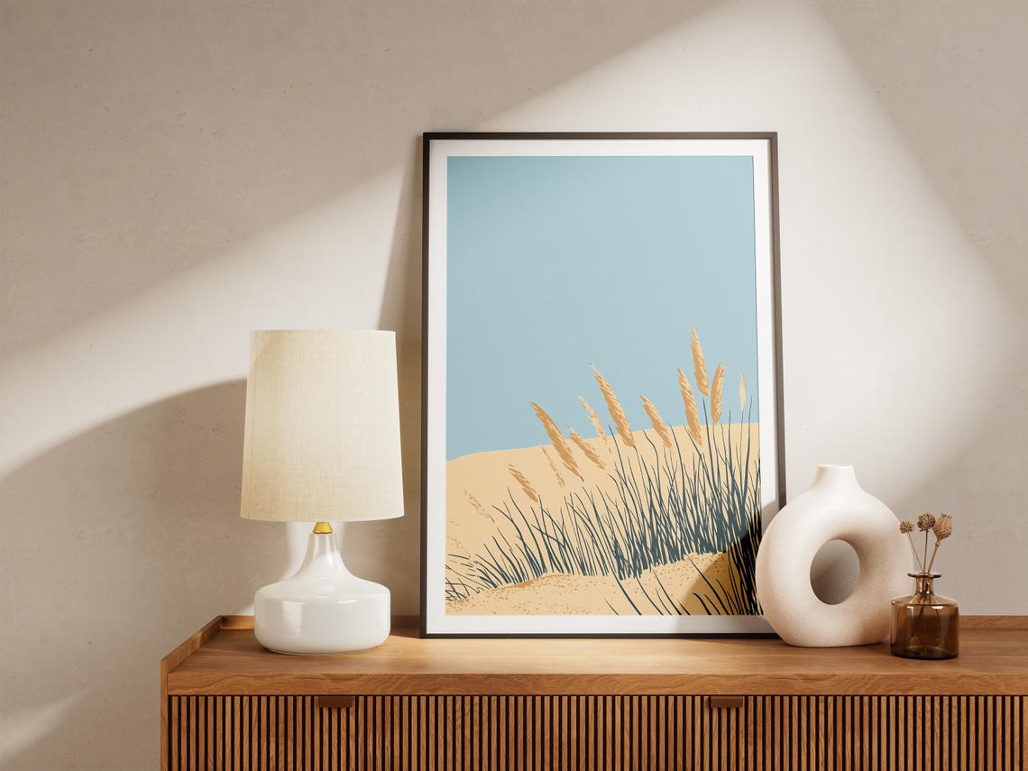Golden Beach Grass on Sandy Dunes Under a Pale Blue Sky Poster - Image 5