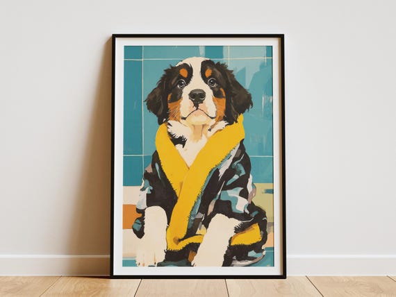 Bernese Mountain Dog Puppy In Bathrobe Art Print Cute Poster Lover Gift Robe Wall Decor Bathroom