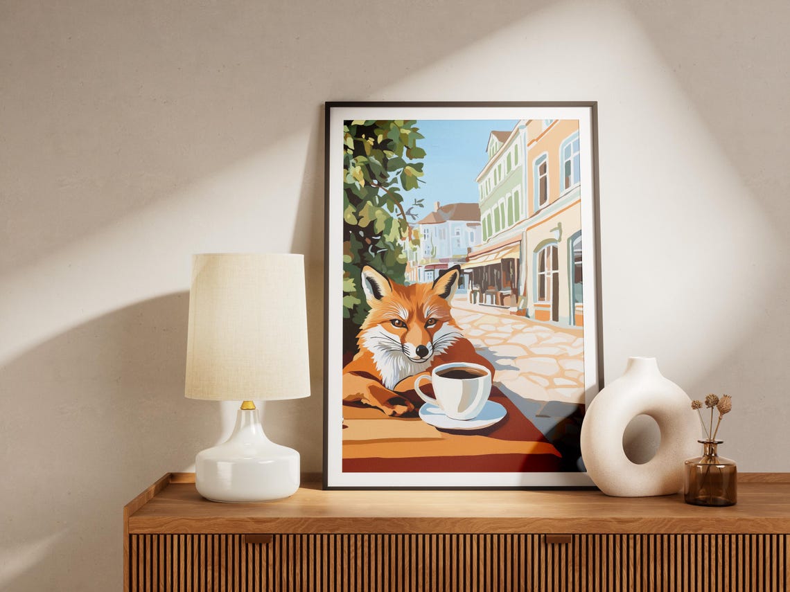 Red Fox Resting at a Street Cafe Table with Coffee Cup Poster - Image 4