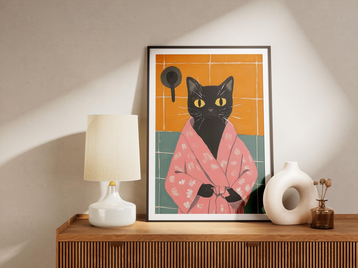 Black Cat in Pink Bathrobe Under Shower Funny Cat Art Poster - Image 4