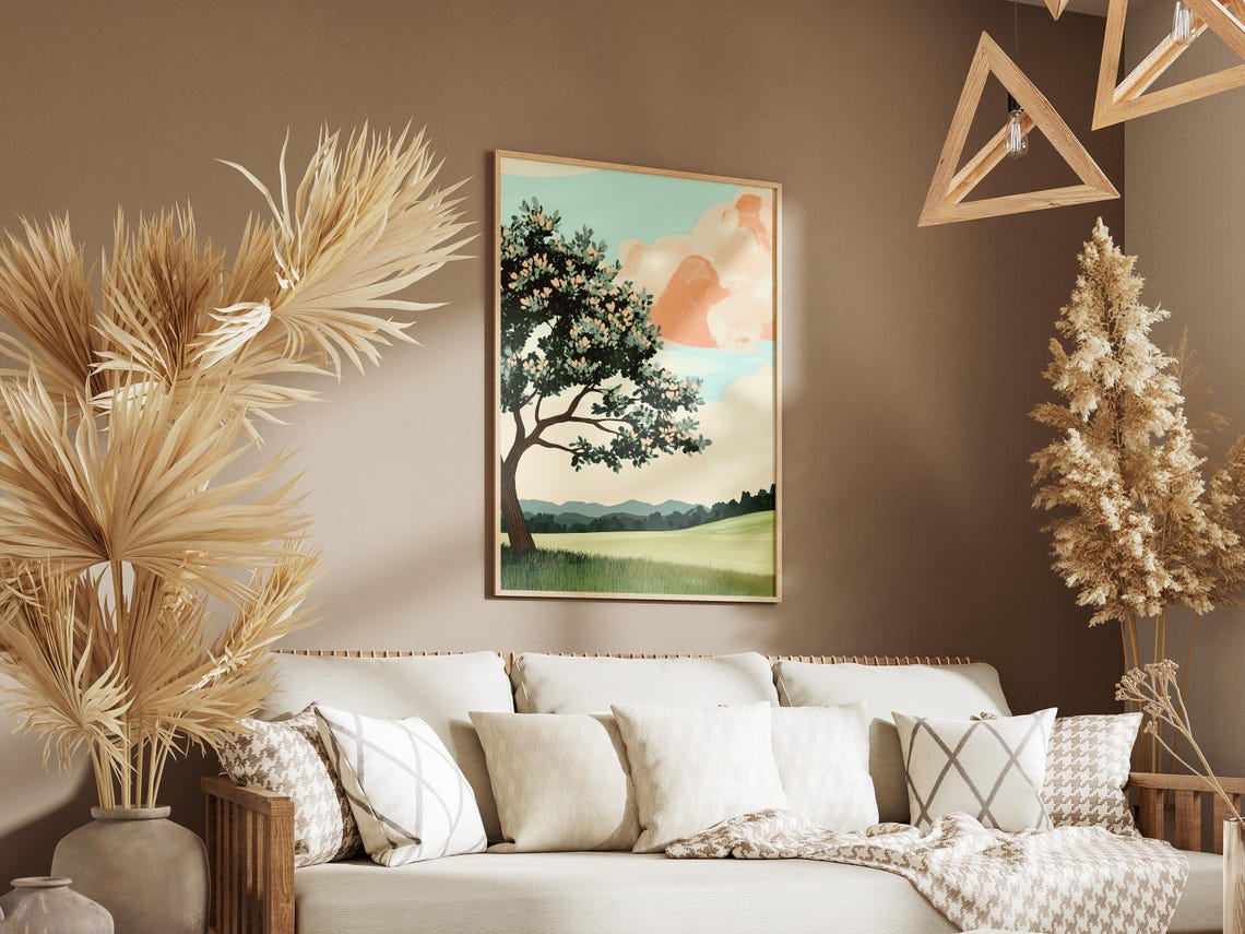 Lone Tree on a Green Hill Under Pink Clouds Minimalist Poster - Image 3