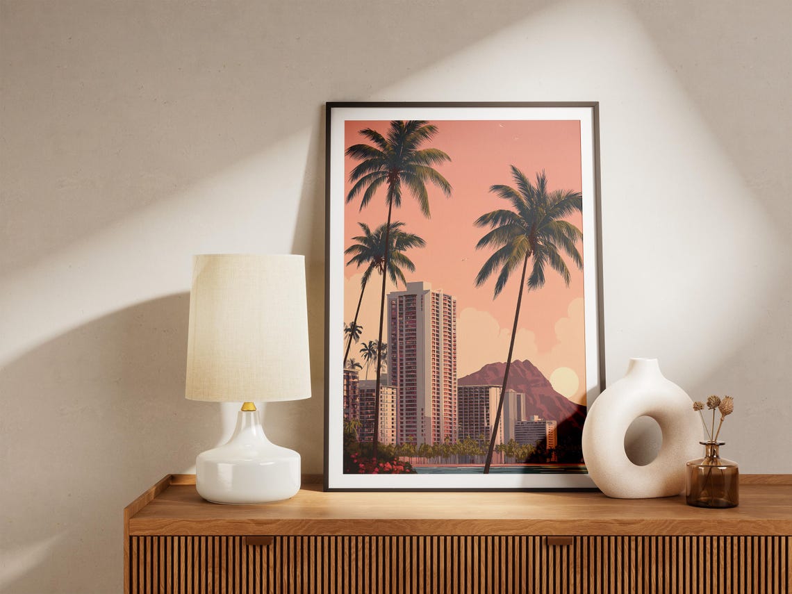 Waikiki Skyline Sunset Diamond Head Palm Trees Beach Art Poster - Image 4