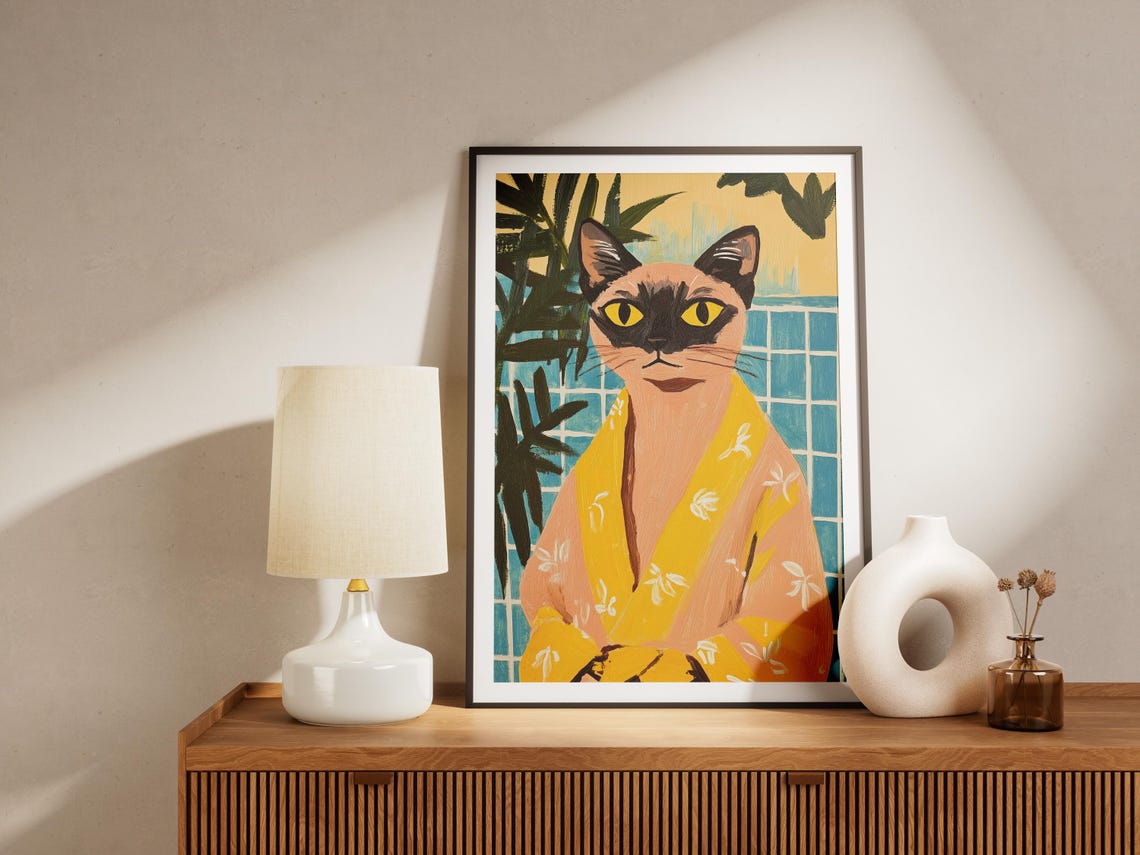 Burmese Cat Bathrobe Poster Matisse Style Bathroom Wall Art Print Funny Quirky Home Decor Unique Pet Lover Gift - Image 4