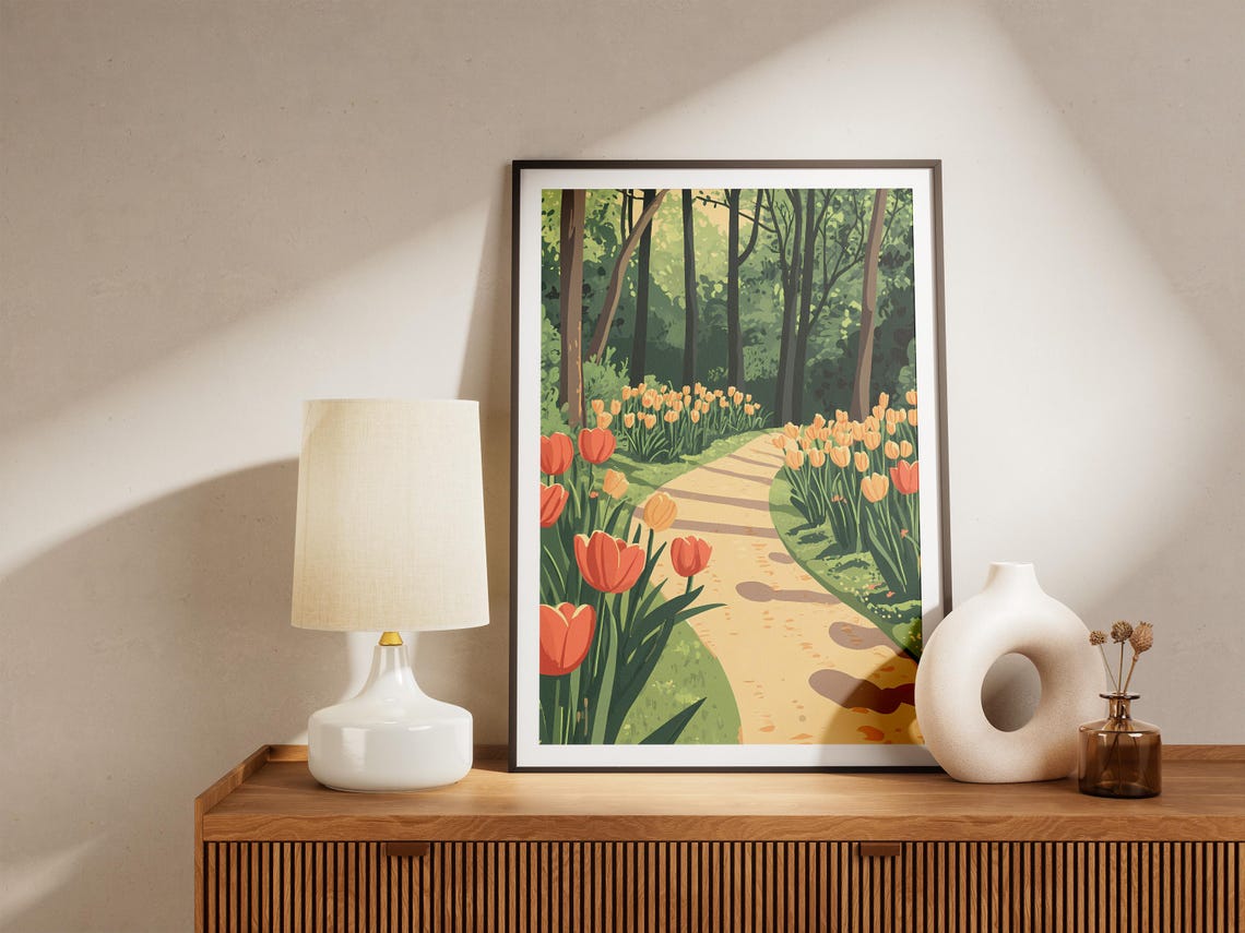 Orange Tulips Lining Forest Path Poster Spring Woodland Walk - Image 5