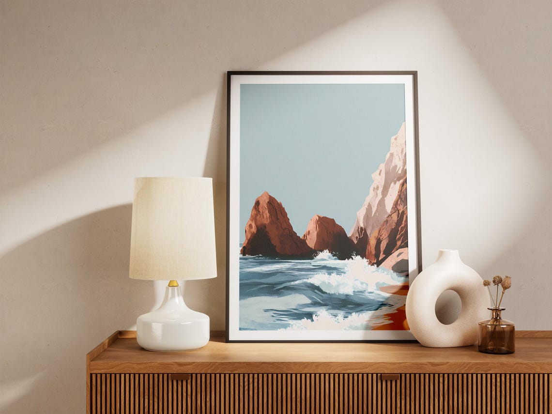 Crashing Ocean Waves Against Rust-Red Sea Stacks at Sunset Poster - Image 5