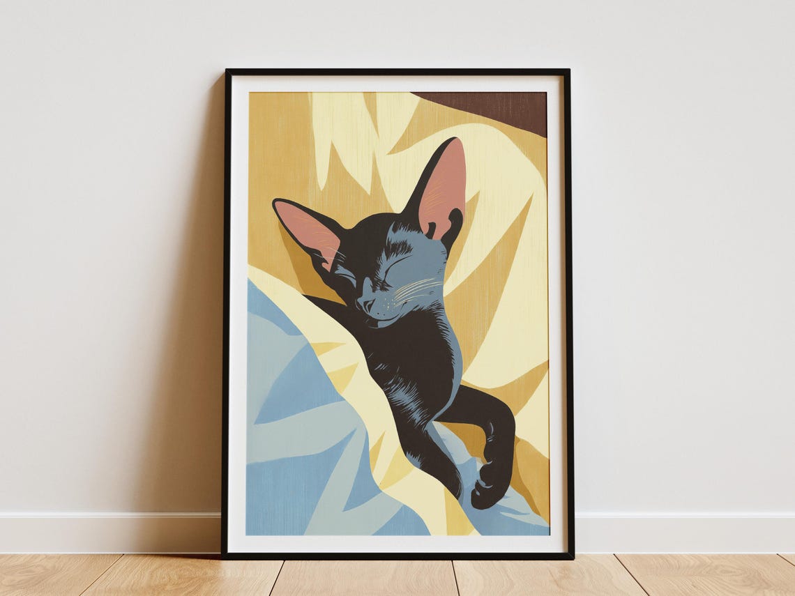Sleeping Black Oriental Shorthair Cat Minimalist Yellow Poster