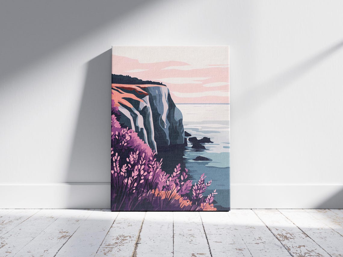 Coastal Cliff at Sunset with Purple Wildflowers and Ocean View Poster - Image 2