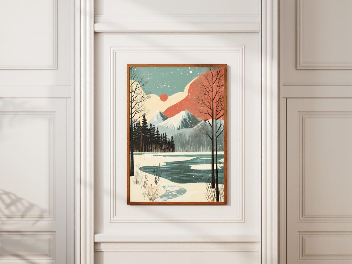 Frozen Lake Beneath Snowy Peaks Under a Terracotta Evening Sky Poster - Image 2