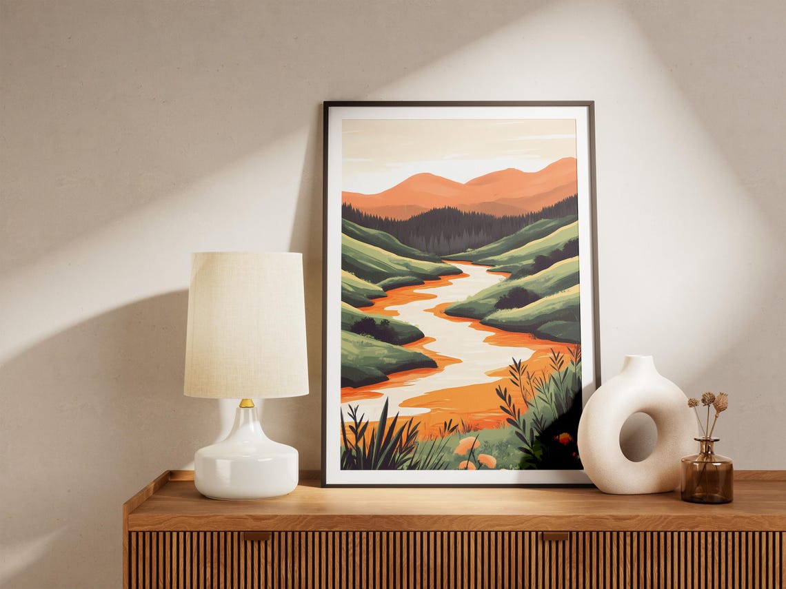 Winding Orange River Through Rolling Green Valley Sunset Poster - Image 5