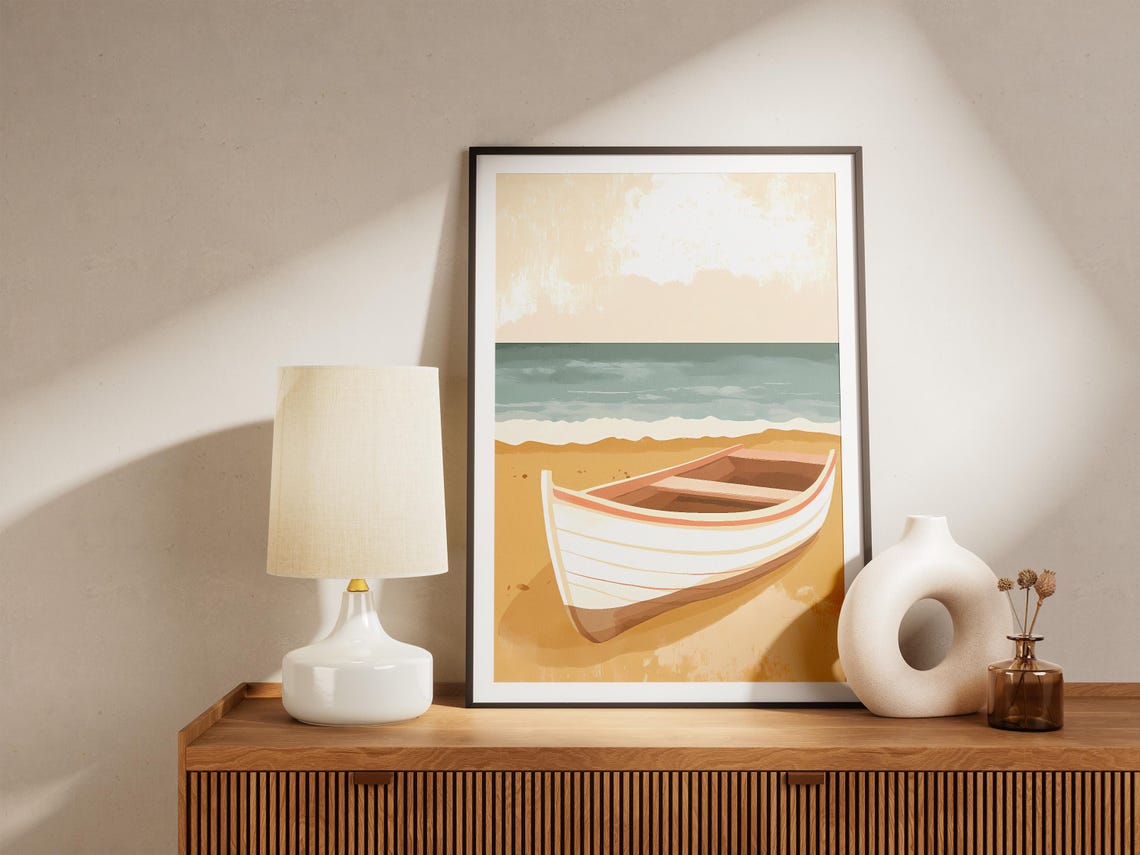 White Rowboat on Golden Sand Beach Minimalist Nautical Poster - Image 5