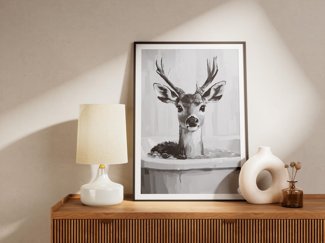 Deer In Bathtub Bubble Bath Poster Print Minimalist Animal Art Bathroom Wall Decor Funny Unique Home Whimsical - Image 4