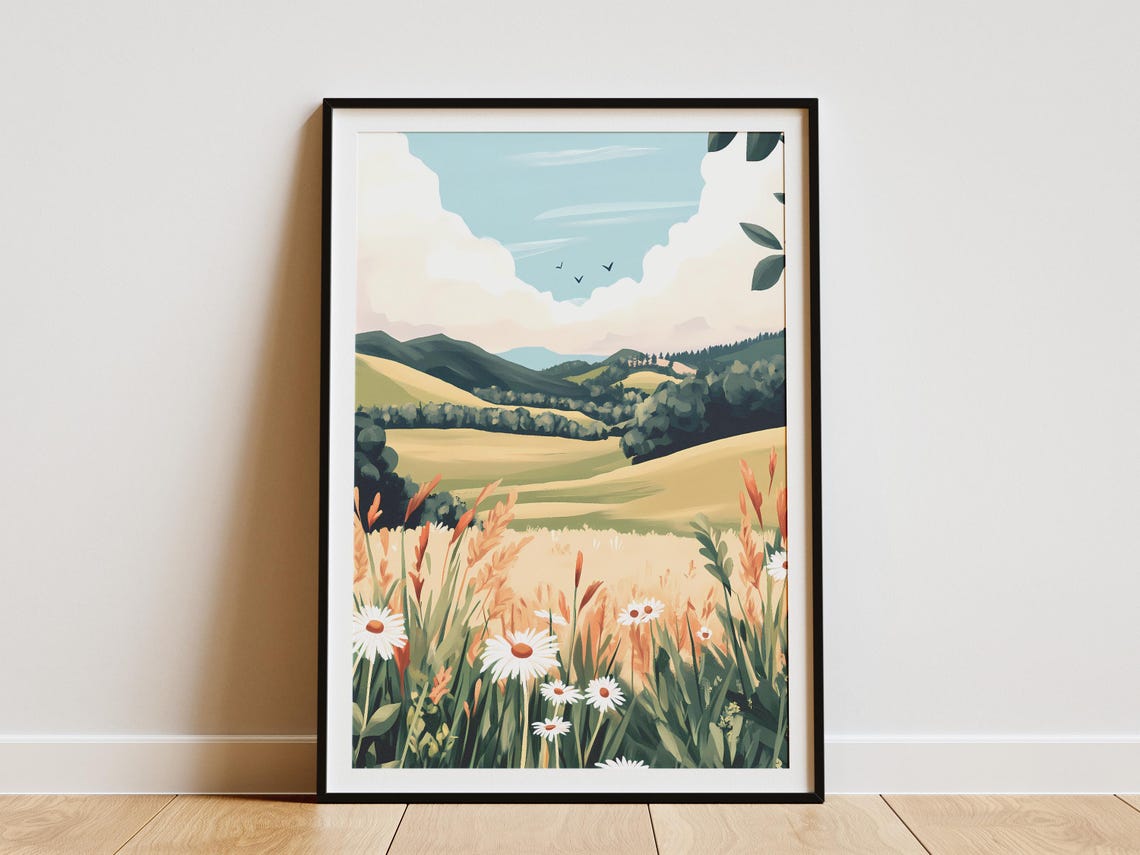 Sunlit Wildflower Meadow with Daisies and Rolling Hills Poster